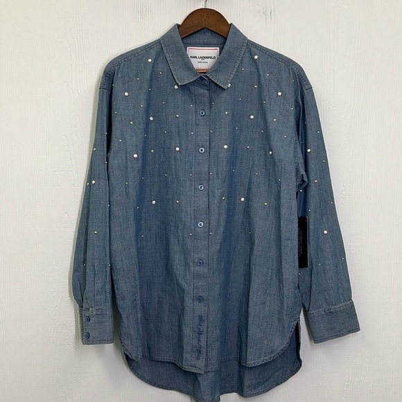 Karl Lagerfeld - NWT Imitation Pearl Blue Wash Button Down Denim Shirt Medium - Picture 12 of 16